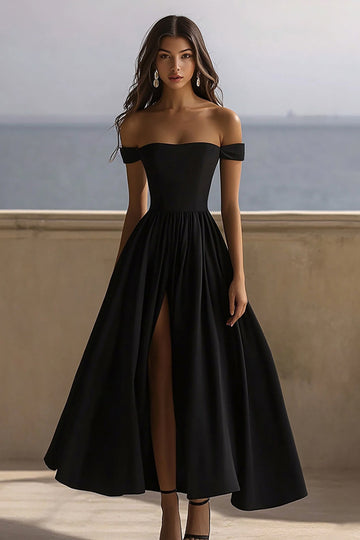 Black Satin Off the Shoulder A Line Long Formal Dress with Slit